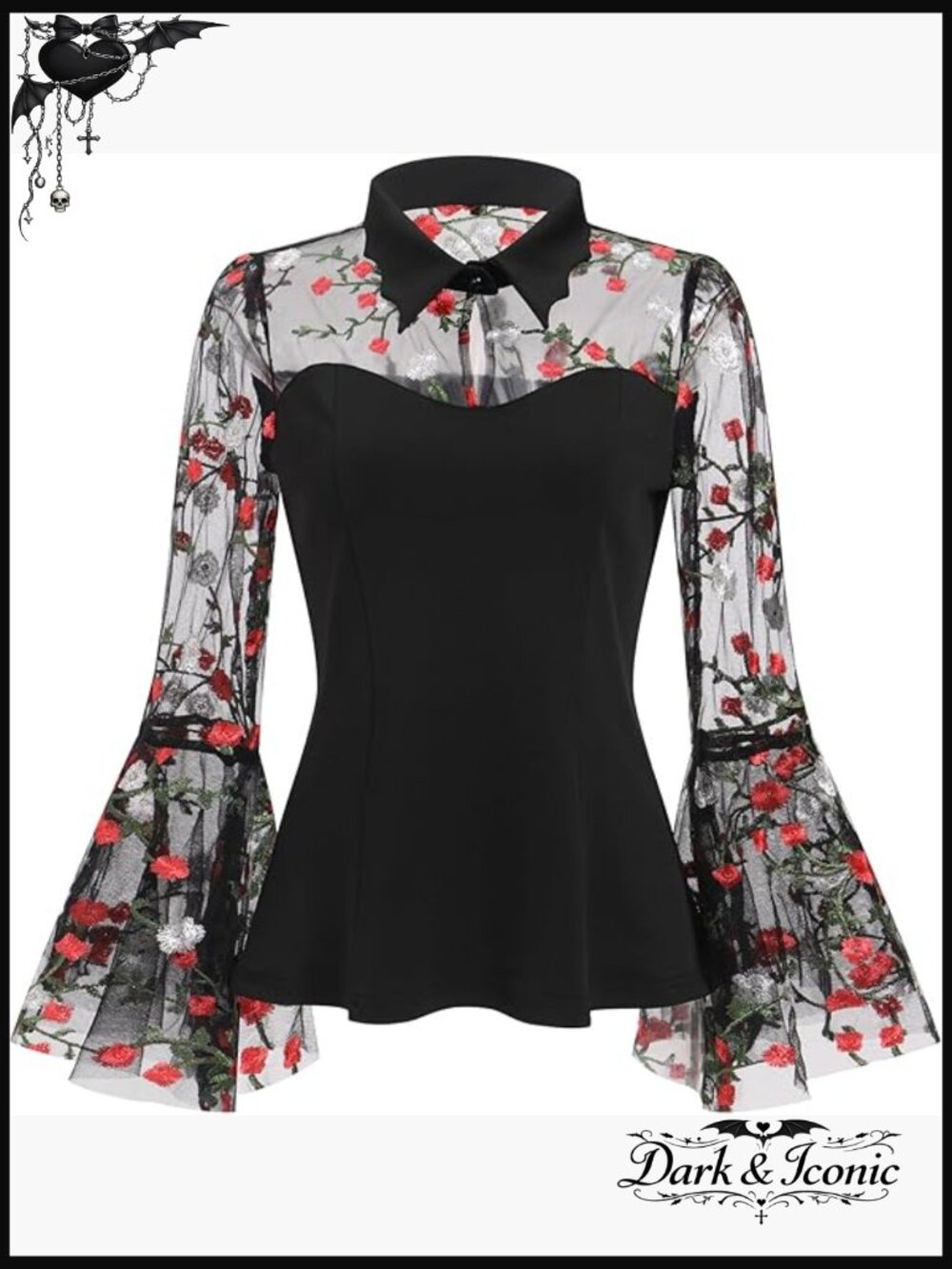 Gothic Bell Sleeve Blouse with Sheer Mesh - Vintage Rockabilly Top - Picture 1 of 6